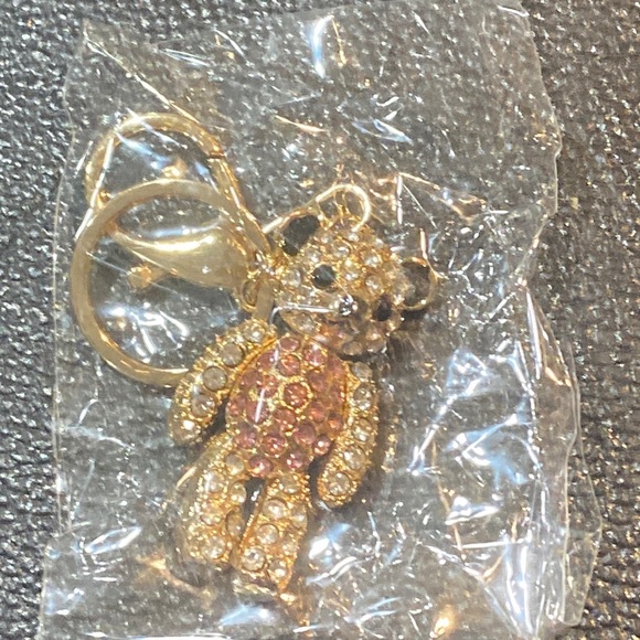 Gold White & Pink Austrian Crystal Teddy Bear Dangly Legs Keychain Purse Charm - Picture 3 of 5